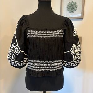 YAS Gigga Black and White Embroidered Puff Sleeve Smocked Blouse NWT!